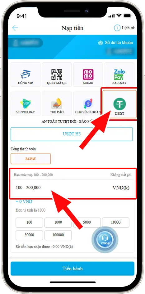 Bước 2: Chọn cổng USDT » Chọn số tiền muốn nạp » Chọn loại ví